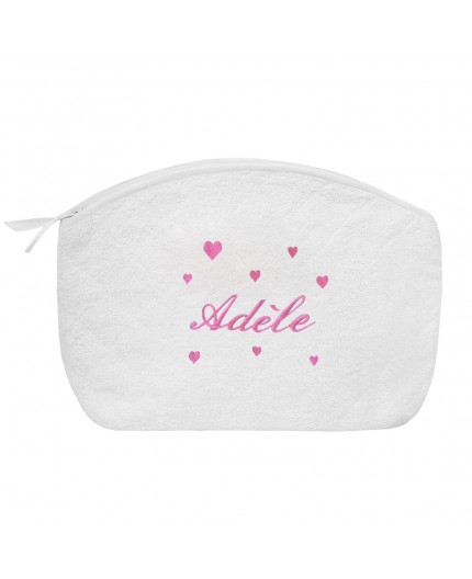 Trousse de toilette blanche personnalisée en fuchsia avec cœurs