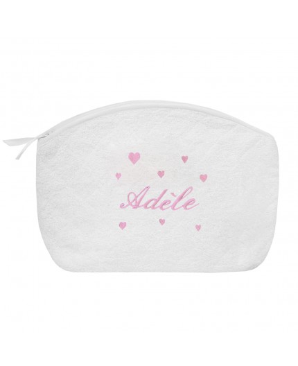 Trousse de toilette blanche personnalisée en rose pastel avec cœurs