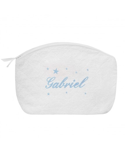 Trousse de toilette blanche personnalisée en bleu pastel avec étoiles