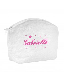 Trousse éponge blanche brodée en fuchsia avec étoiles