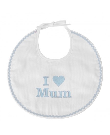 Bavoir naissance brodé I Love Mum en bleu pastel