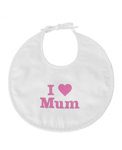 Bavoir naissance brodé I Love Mum en fuchsia