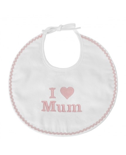 Bavoir naissance brodé I Love Mum en rose pastel