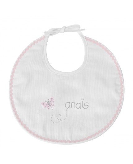 Bavoir naissance brodé en rose et gris avec un papillon